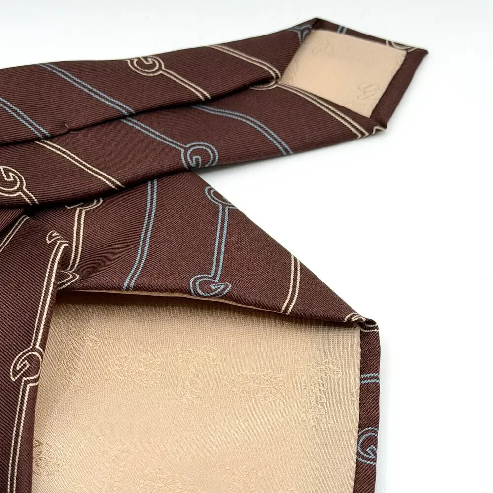 Vintage 80s Gucci Brown Silk GG Chain Link Print Necktie